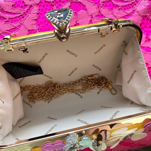 BEBE Daisy Satin Yellow Sequin Beaded Clutch - Picture 4 of 8